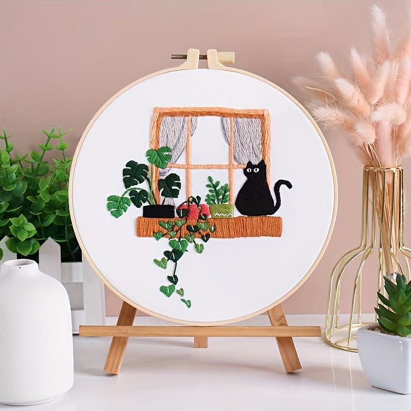 Cat Embroidery Kit DIY Starter Set with Hoop