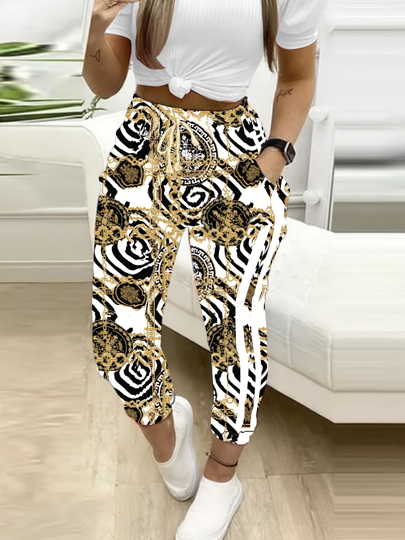  Plaid Print High Rise Drawstring Pants