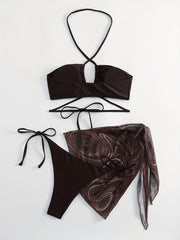 Lace Up Bikini Set & Print Cover Up Wrap
