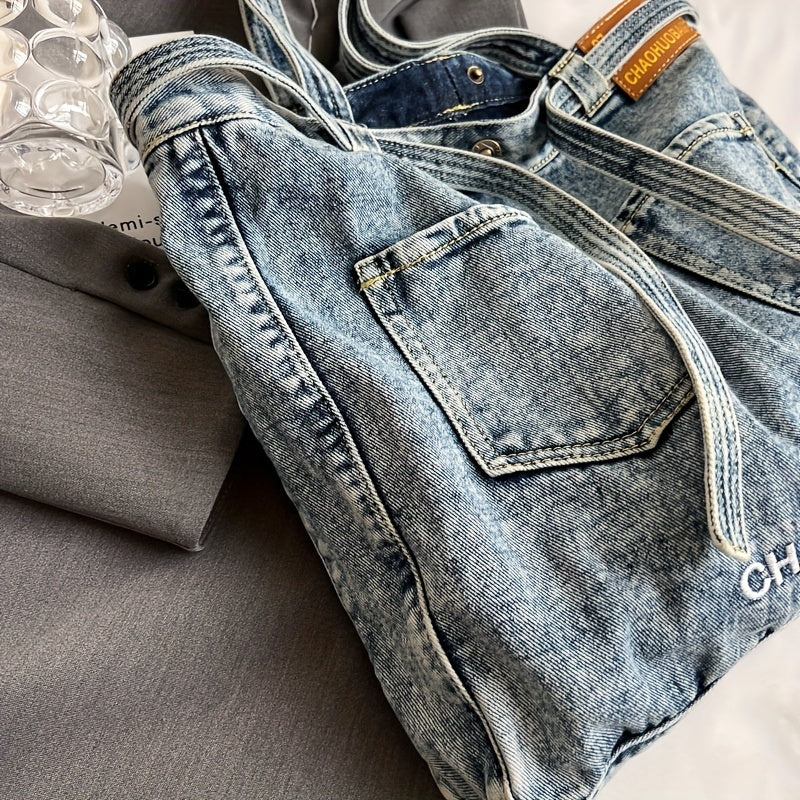 Denim Tote Bag Large Capacity Handbag Double Handle Shopping Shoulder Bag