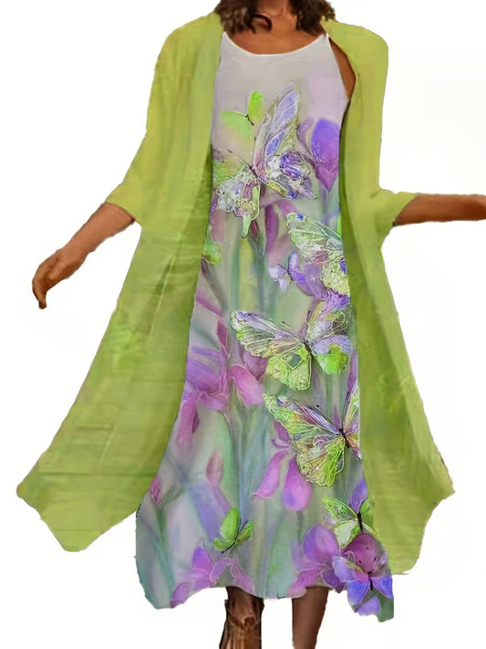 2 Piece Set Half Sleeve Open Front Coat & Floral Print Cami Dress