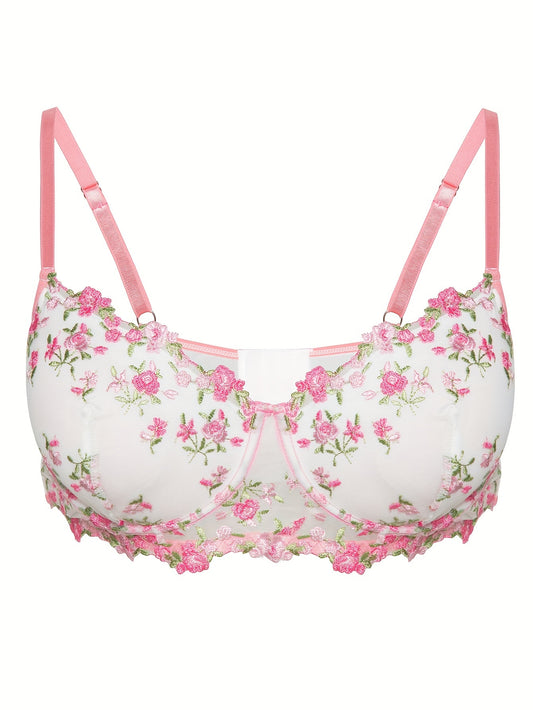  Floral Embroidered Semi Sheer Underwire Mesh Bra