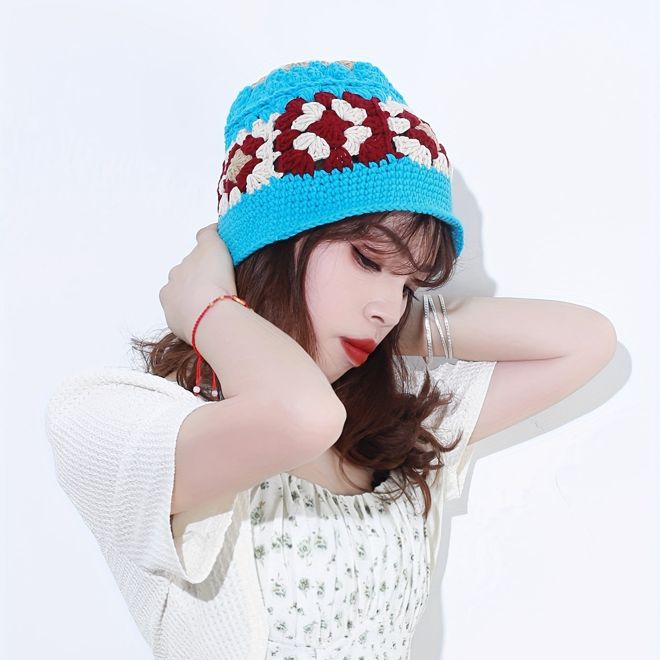 Flower Crochet Bucket Hat Knitted Hollow Cloche Hat Bright Block