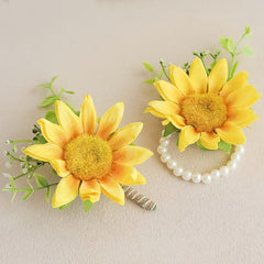 2pcs Sunflower Wrist Corsages Men's Boutonnieres Wedding Dance Party