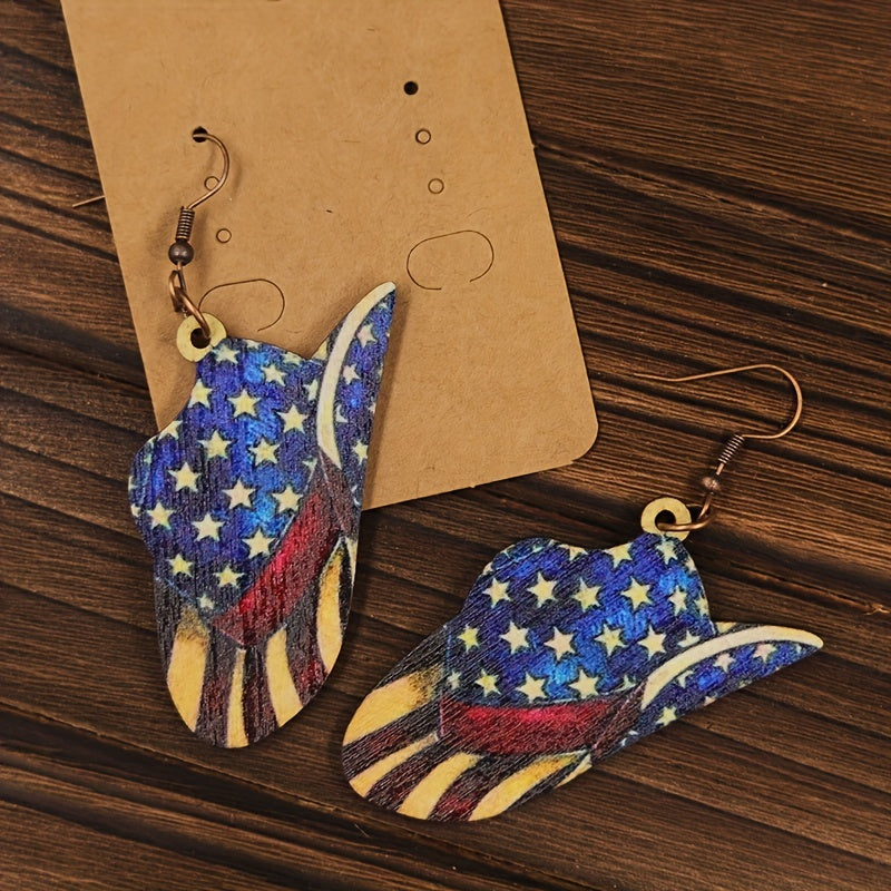 Independence Cowboy Hat Dangle Earrings Wooden Jewelry