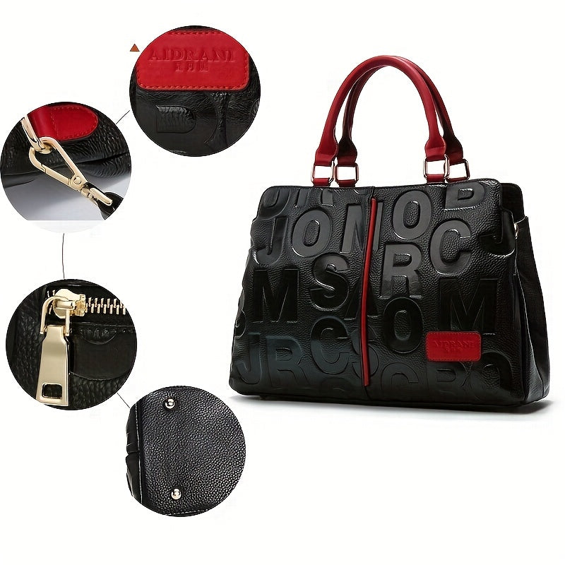 Women's Embossed Leather Tote Bag with Red Accents