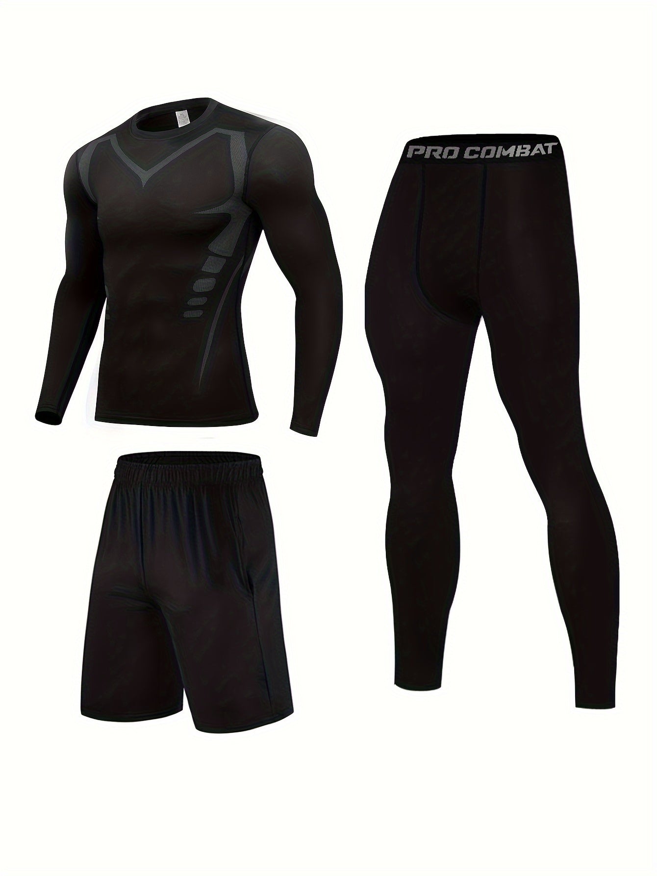 Men's 3pcs Sports Set Long Sleeve Compression T shirt Shorts Leggings