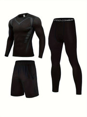 Men's 3pcs Sports Set Long Sleeve Compression T shirt Shorts Leggings