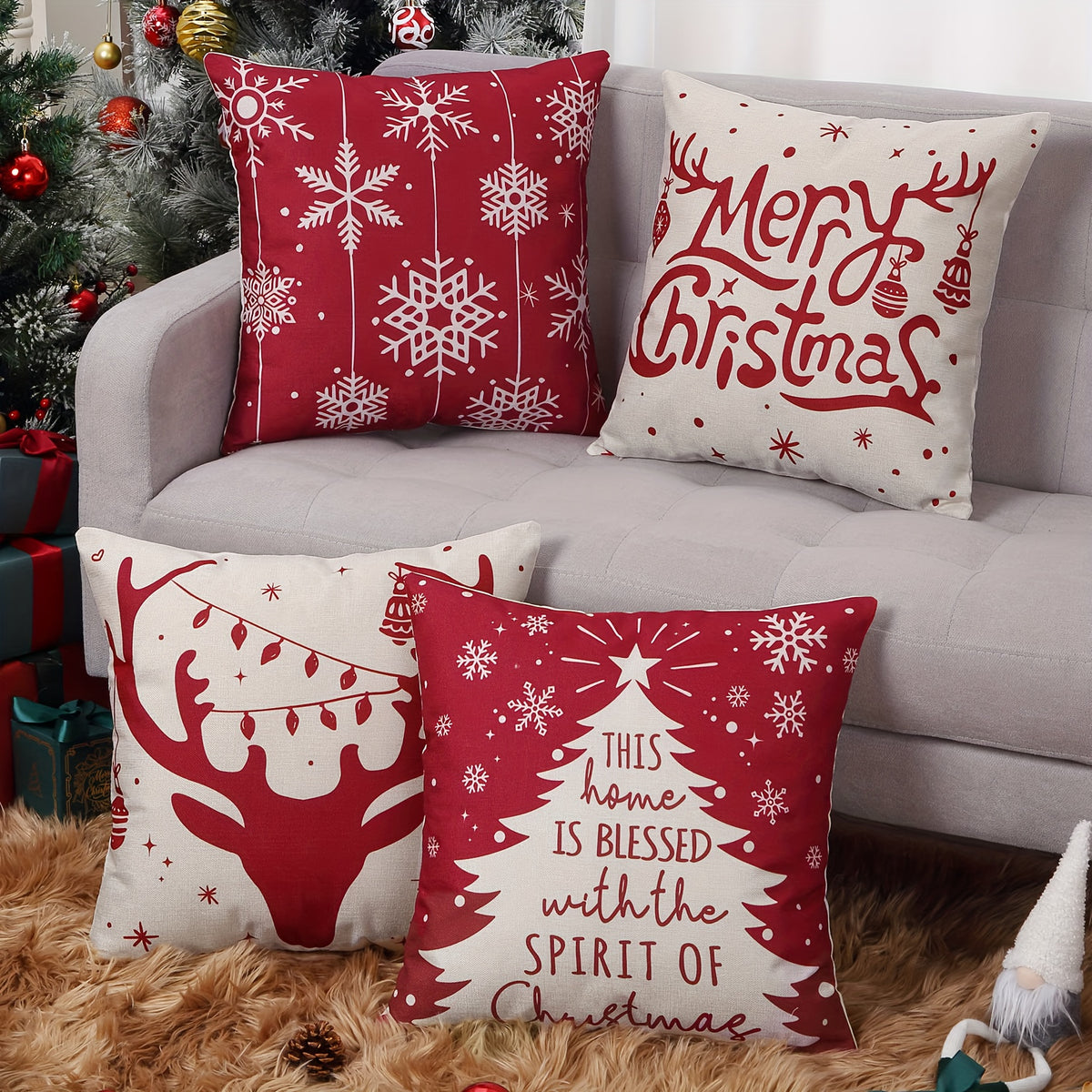 4pcs Christmas Linen Blend Cushion Cover 18''x18'' Zipper Printed Pillow Cover