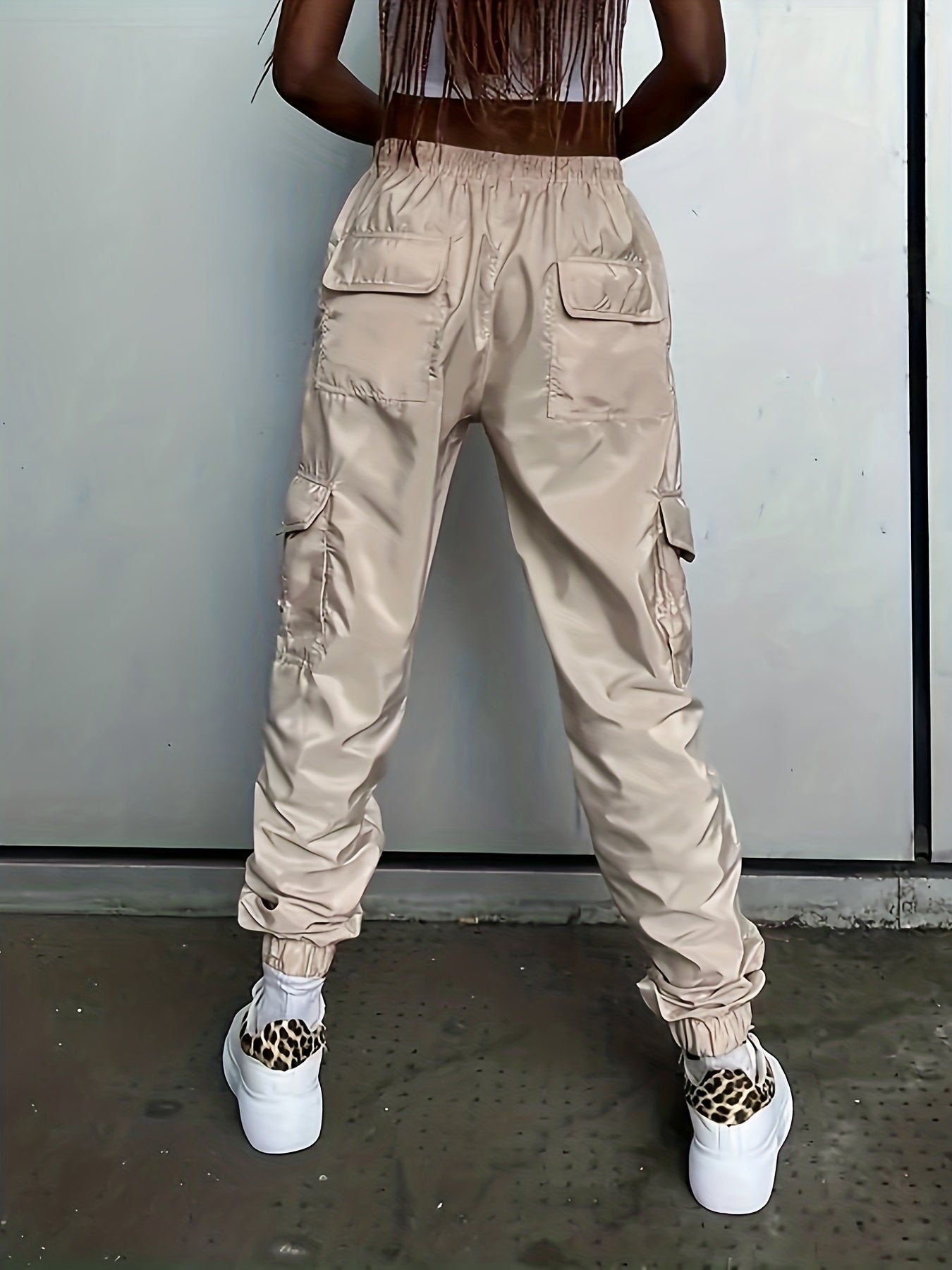  Solid Cargo Trousers Elastic Drawstring Women's Pants