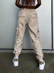  Solid Cargo Trousers Elastic Drawstring Women's Pants