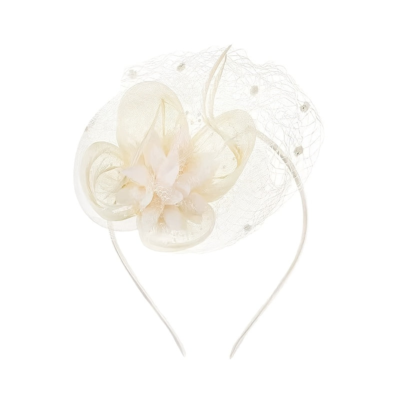 Vintage-Inspired Fascinator Headband with Mesh Veil and Flower