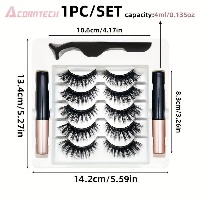 5 Pairs Magnetic False Eyelashes Set Liquid Eyeliner And Tweezers