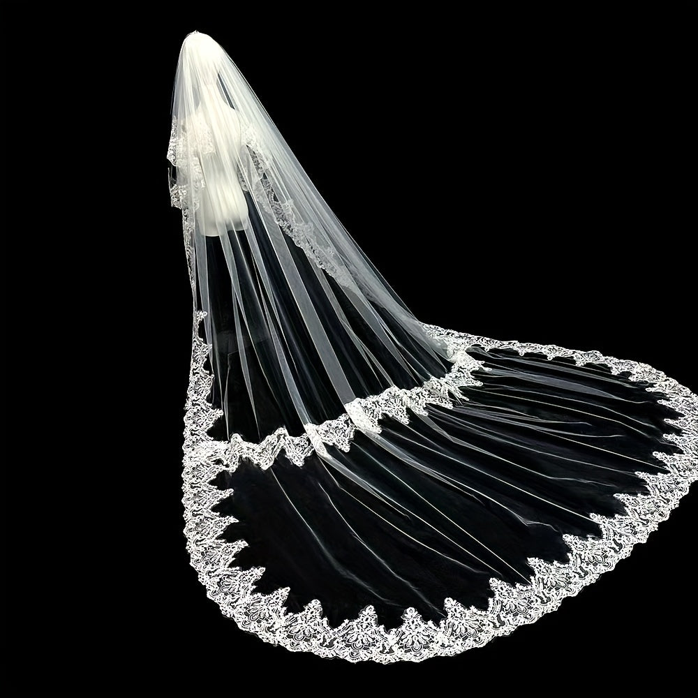 Royal Court Style Lace Bridal Tiara with Floral Pattern Train