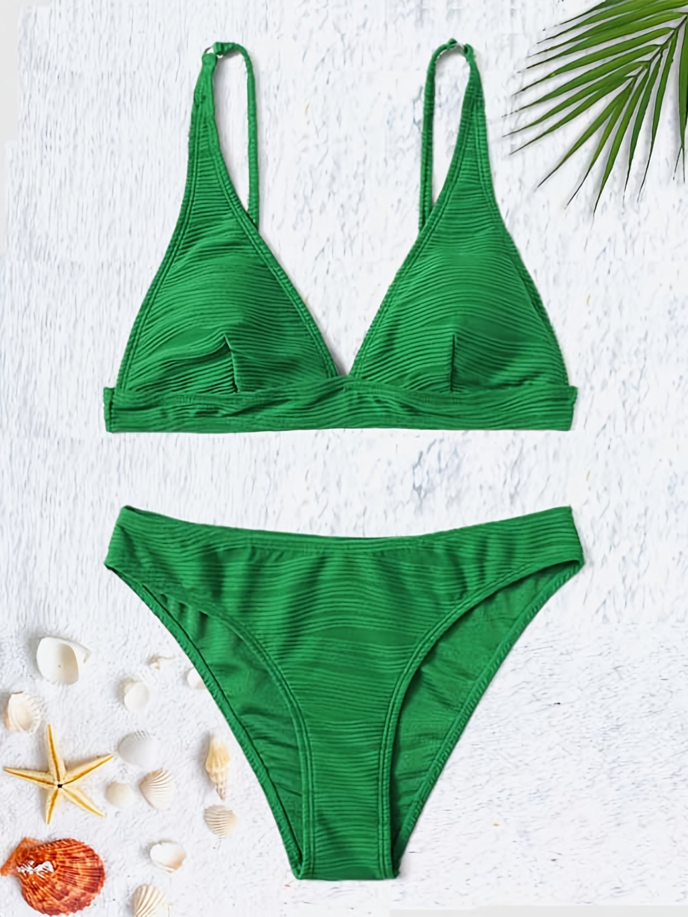 Textured V Neck Triangle Bikini Swimsuit