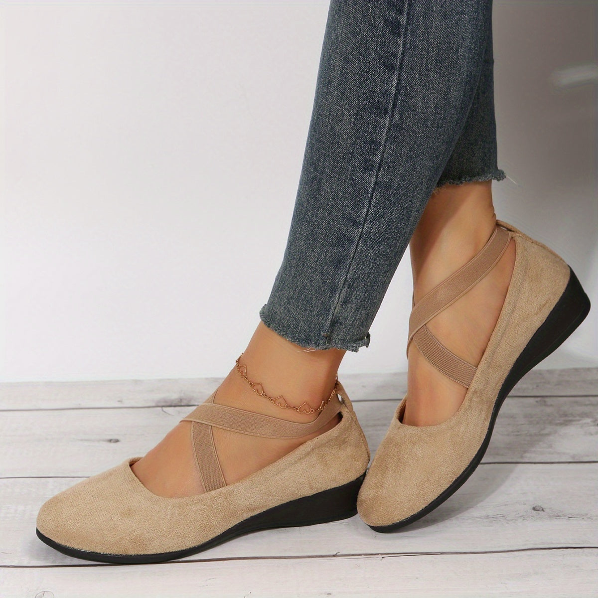 Women's Cross Strap Wedge Heels Slip On Shoes Round Toe