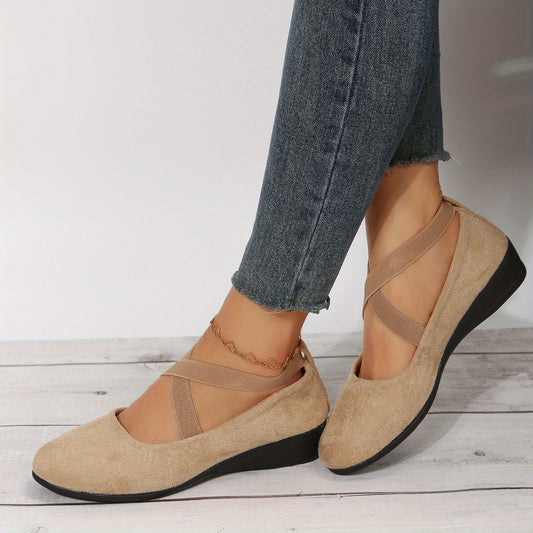 Women's Cross Strap Wedge Heels Slip On Shoes Round Toe