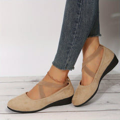 Women's Cross Strap Wedge Heels Slip On Shoes Round Toe