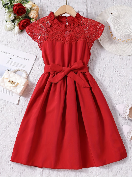 Girls Lace Princess Dress Frill Trim Neck Party Beach Vacation Summer Cloth