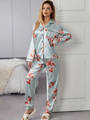Floral Satin Pajama Set with Pocket Top & Elastic Pants