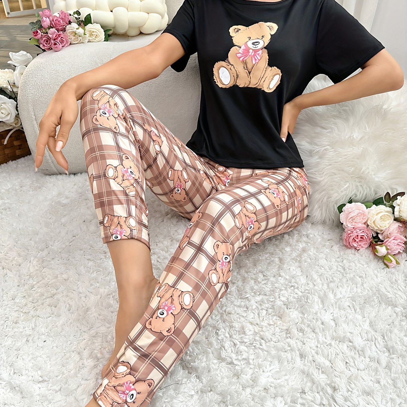 Bear & Plaid Print Pajama Set Women's Sleepwear