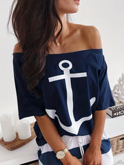 Anchor Print Off Shoulder T-shirt & Striped Maxi Skirt Set