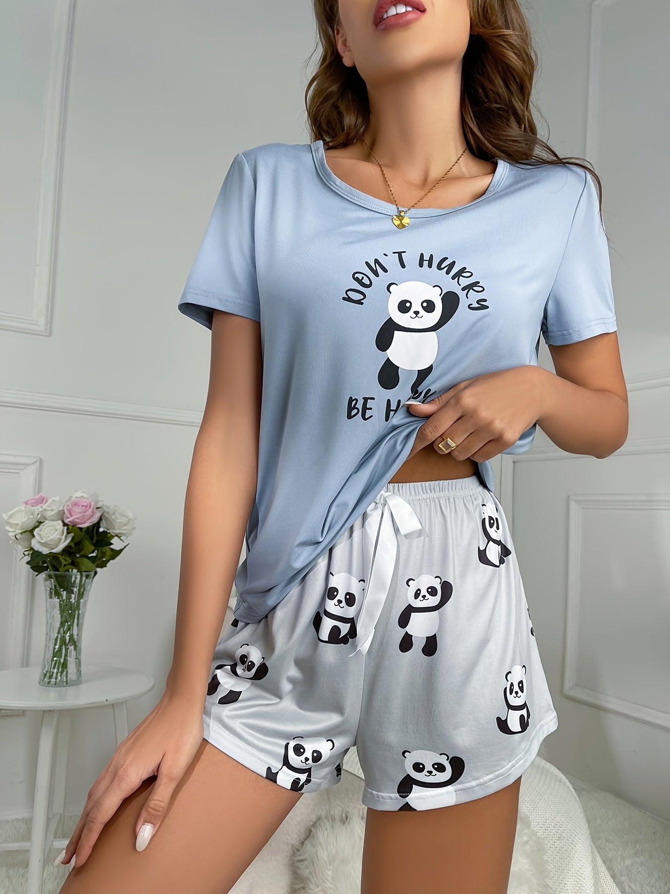Panda Print Short Sleeve Pajama Set