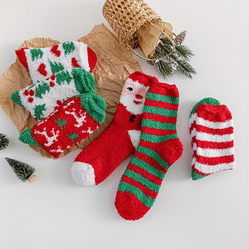 6 Pairs Cartoon Fuzzy Socks Comfy & Warm Christmas Mid Tube Socks