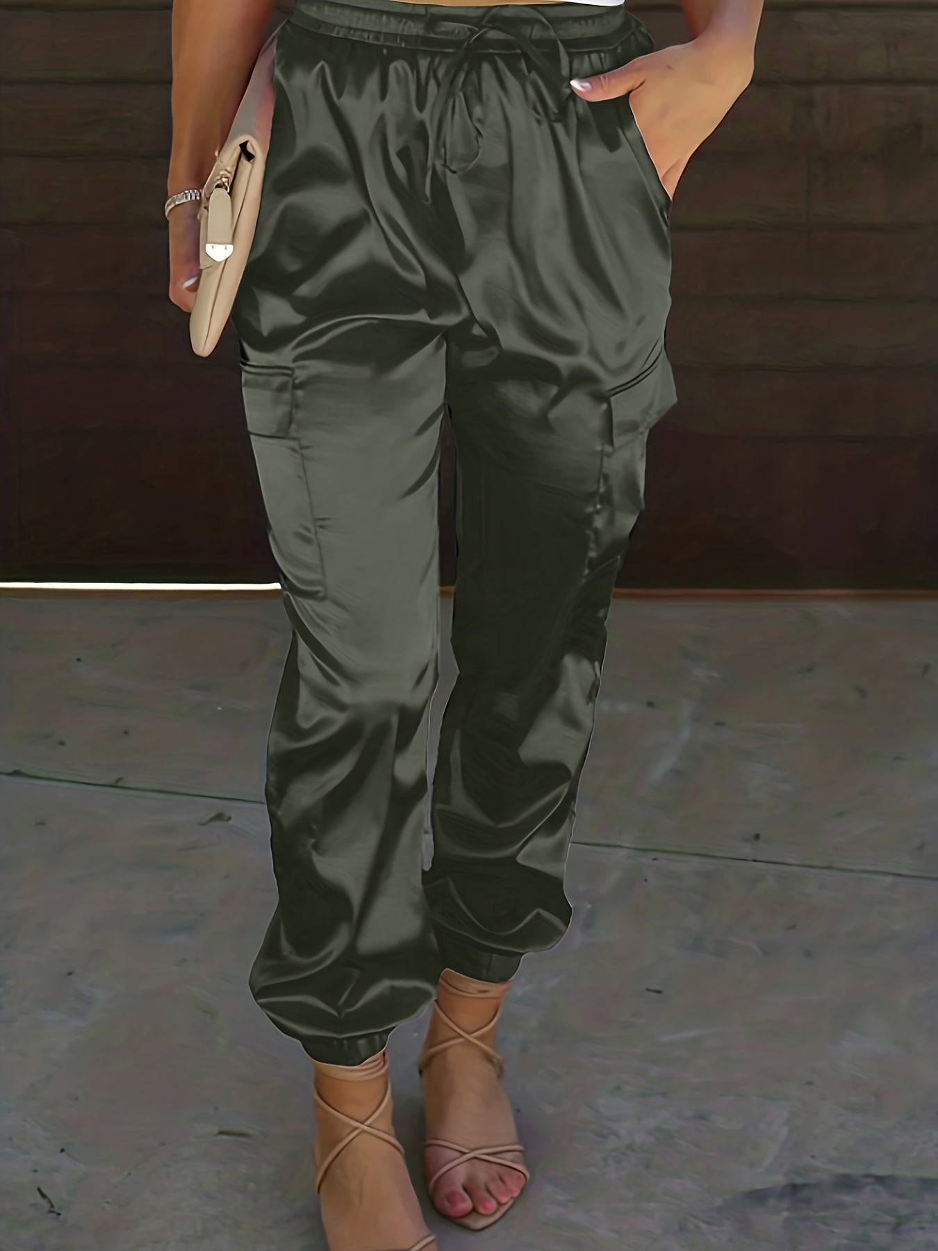 Women's Plus Solid Satin High Rise Cargo Jogger Trousers
