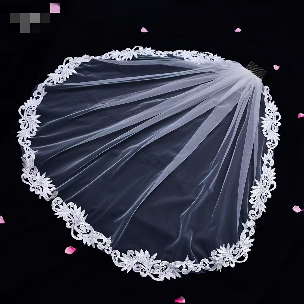 Short Floral Lace Bridal Veil Headpiece for Wedding Hair with Cut Out Patterns