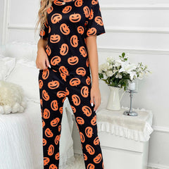 Pumpkin Print Pajama Set Short Sleeve Crew Neck Top