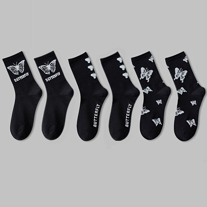 3 Pairs Butterfly Print Socks Women's Mid Tube Stockings