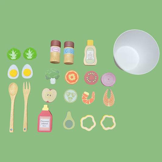 Wooden Fruit and Vegetable Salad Set with Utensils for Kids