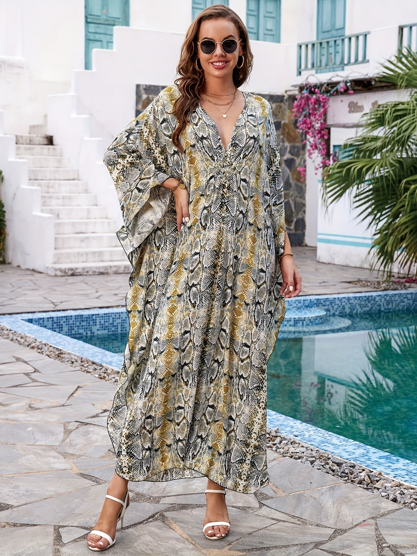  Snake Print Kaftan Dress V Neck Maxi