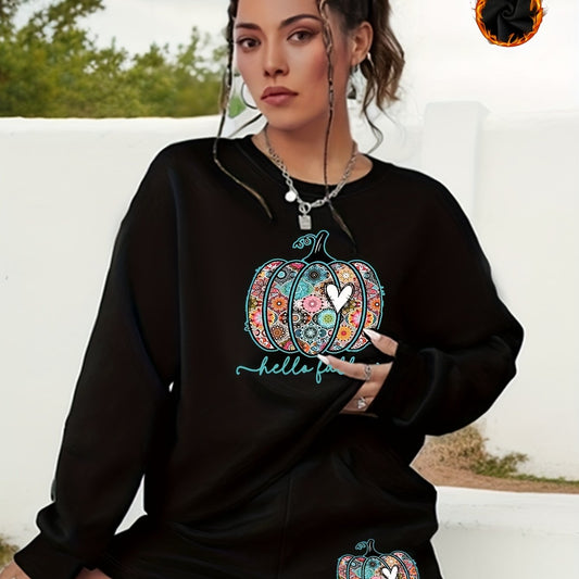 Women's Plus Pumpkin Sweatshirt & Shorts Halloween Set
