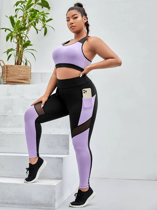  Colorblock Cut Out Crop Tank & Mesh Yoga Leggings Set