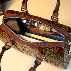 Vintage Floral Boston Bag Large Capacity Handbag Deep Brown