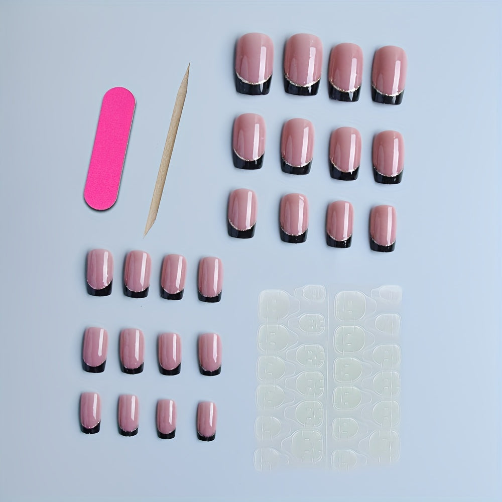 24pcs Pink French Glitter Edge Press On Nails for Halloween