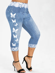 Butterfly & Denim Print Skinny Leggings High Waist Yoga Leggings