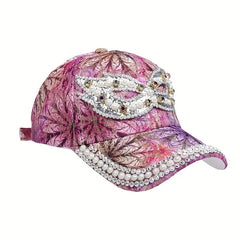 Rhinestone Baseball Cap Y2K Faux Pearl Leaf Flower Hat