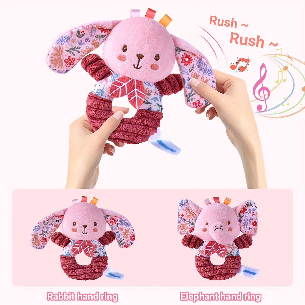 Soft Plush Elephant & Rabbit Rattle Toys Pink Floral Pattern Hand Shakers