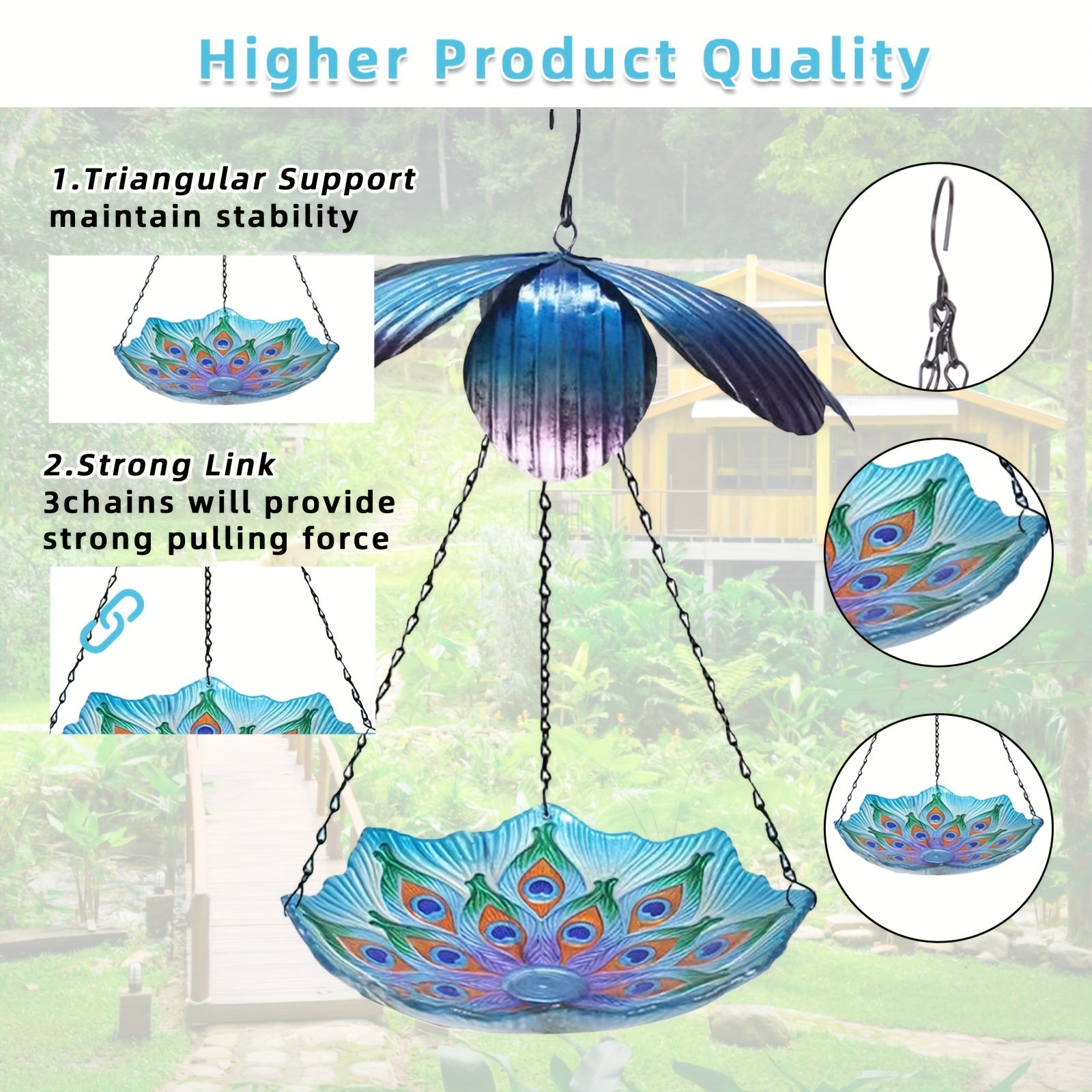 Peacock Feather Hanging Bird Bath Basin Bird Feeder