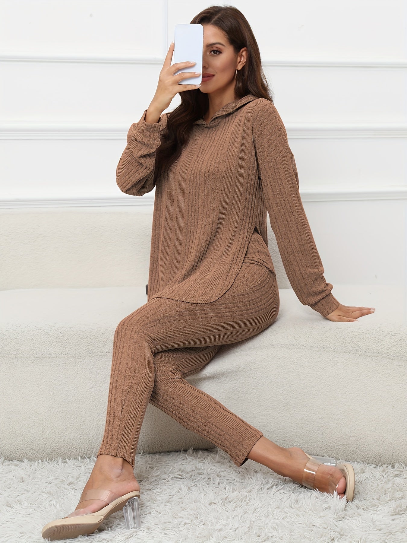 Casual Knitted Two Piece Set Long Sleeve Split Hooded Top & Skinny Pants