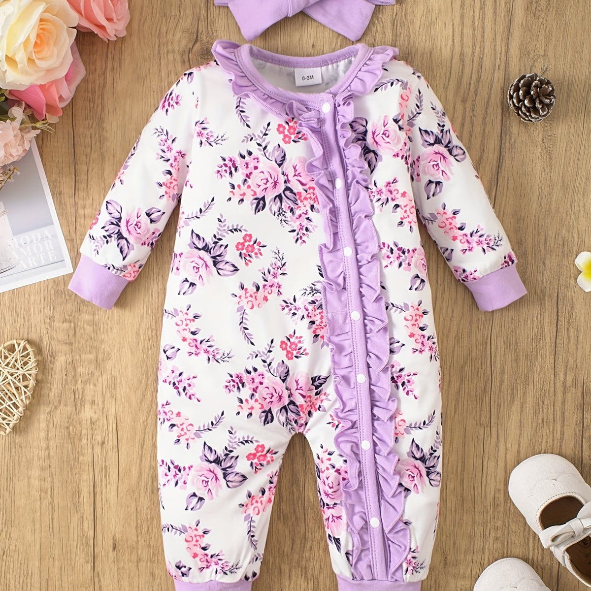 Baby Girls Floral Romper With Headscarf