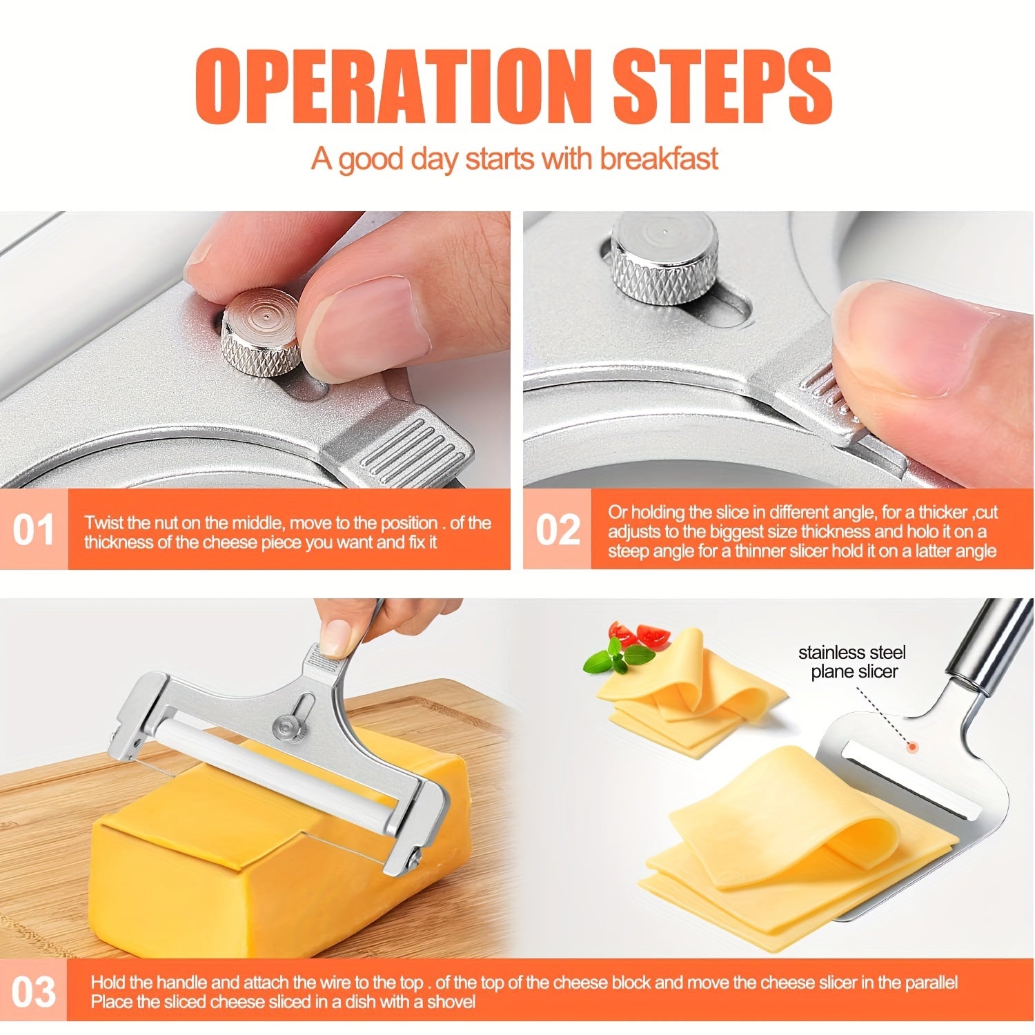 2pcs Stainless Steel Cheese Slicer Adjustable Thickness Cutter