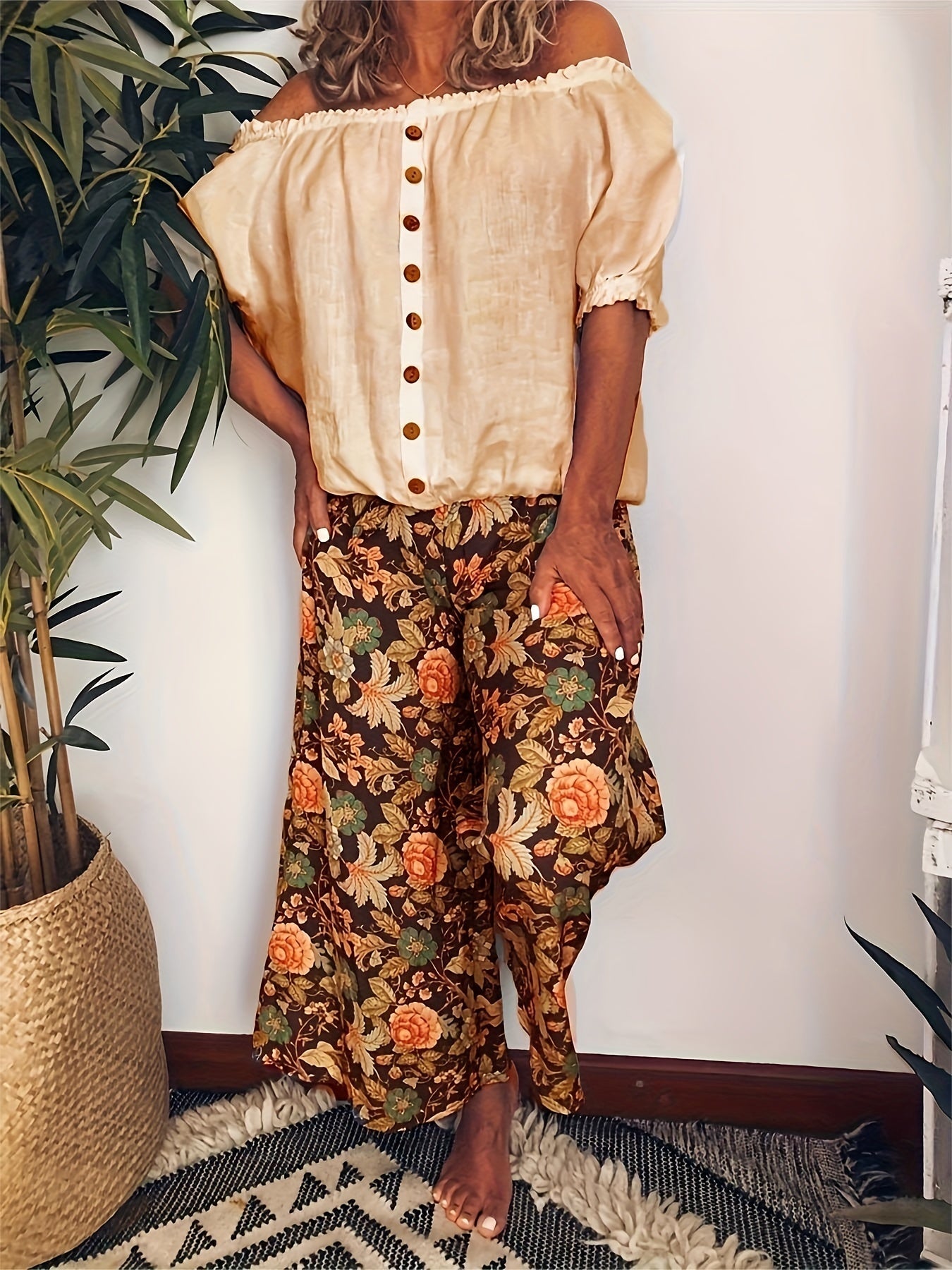  Floral Print Wide Leg Pants