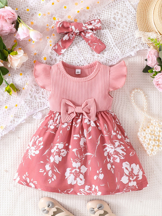Baby Girls Casual Floral Print Dress & Headband Set