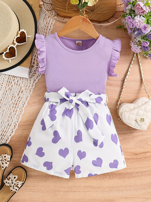 Girls Ruffle Trim Top & Heart Graphic Shorts Set