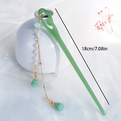 Vintage Chinese Hanfu Flower Tassel Hair Pin Acetate Jade Hairpin