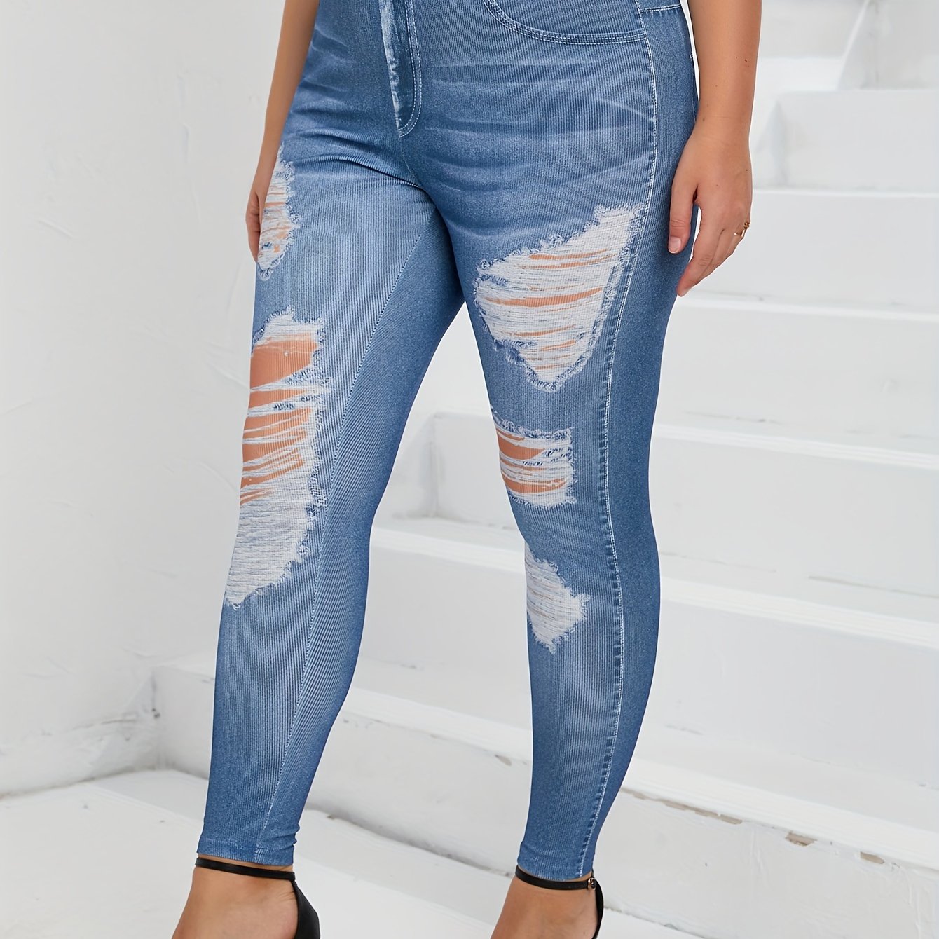  Ripped Denim Print High Rise Skinny Trousers